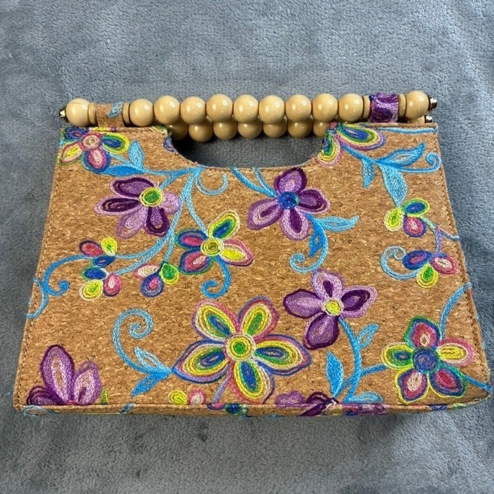 Floral Embroidered Cork Handbag Wooden Bead‎ Top Handle Satchel Tan Multi